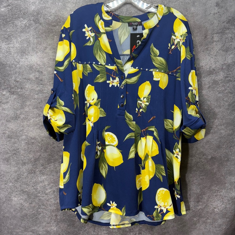 Cocomo Lemon Print Y-Neck Popover Top Size 2X Navy Yellow Studded Pleated NWT